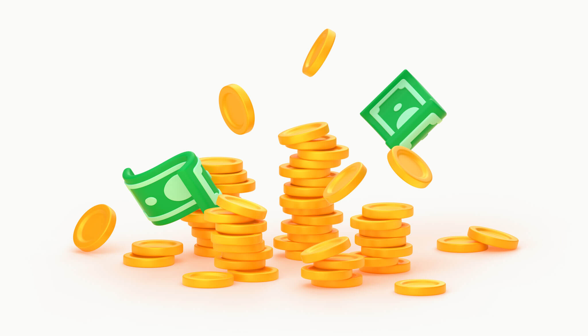 Monedas y billetes apilados